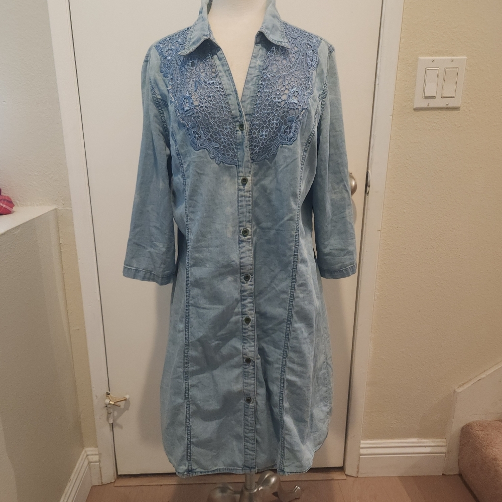 Denim Button-Up Dress with Lace Detail